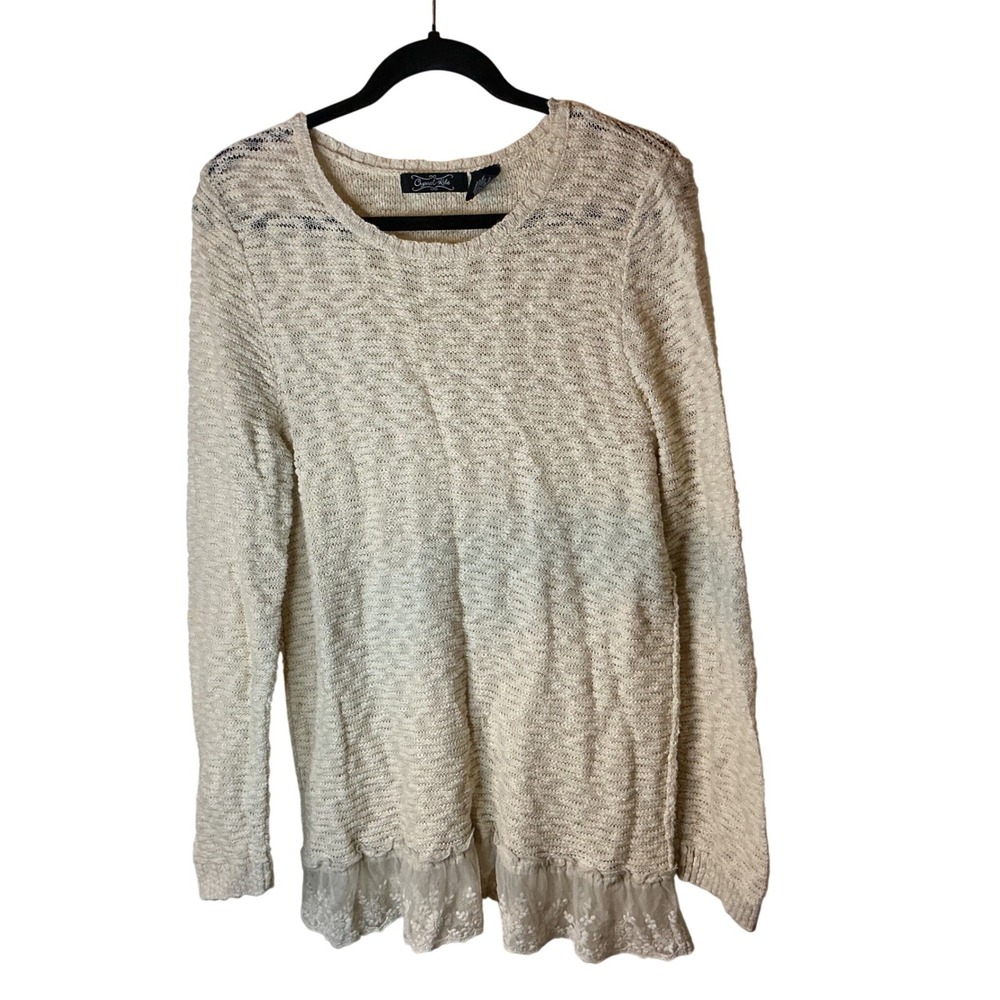 Crystal Kobe Women Boho Beige Knit Sweater Whimsigoth Lace Trim Size L Coquette